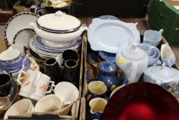 TWO TRAYS OF ASSORTED CERAMICS TO INCLUDE WATCOMBE BLUE AND WHITE SPOTTED TEA WARE TOGETHER WITH
