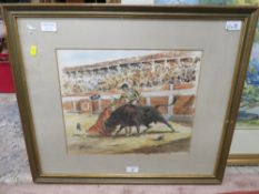 DOMINGEZ' A FRAMED AND GLAZED SPANISH MATADOR WATERCOLOUR 33 X 39 CM