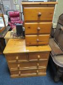 A HONEY PINE CHEST OF DRAWERS AND A BEDSIDE CHEST