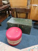 AN OAK SIDE TABLE, VINTAGE TOOL BOX AND A STOOL (3)
