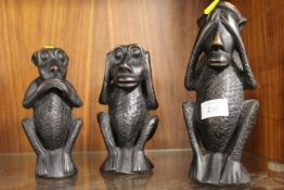 THREE CARVED WOODEN HEAR NO EVIL, SEE NO EVIL, SPEAK NO EVIL MONKEYS