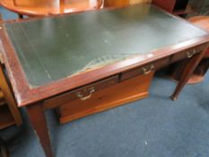AN INDUSTRIAL MAHOGANY LEATHER TOPPED DESK - W 152 cm