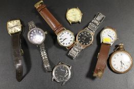 A TRAY OF ASSORTED WRIST AND POCKET WATCHES TO INCLUDE A BIRCH AND GAYDON LTD FENCHURCH STREET