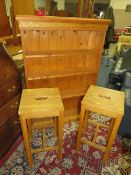 AN OLDER PINE SET OF OPEN BOOKSHELVES PLUS TWO STOOLS (3)