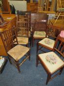 THREE LANCASHIRE OAK SPINDLE BACK DINING CHAIRS TOGETHER WITH THREE GEORGIAN MAHOGANY DINING