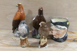 FOUR BESWICK BIRD DECANTERS TOGETHER WITH A ROYAL DOULTON CHARACTER JUG 'GRANNY' (WITH TOOTH)