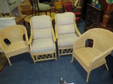 A PAIR OF MODERN CONSERVATORY CHAIRS PLUS A PAIR OF WICKER CHAIRS (4)