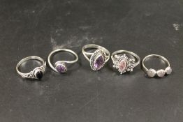A COLLECTION OF FIVE 925 SILVER GEMSTONE DRESS RINGS TO INC AMETHYST, OPAL, ONYX ETC