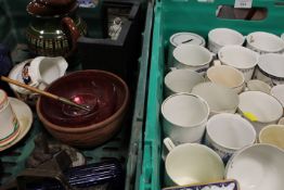 TWO TRAYS OF ASSORTED CERAMICS ETC TO INCLUDE A PAIR OF NOVELTY BOOK ENDS