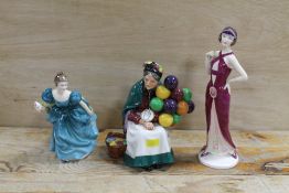 A ROYAL DOULTON FIGURINE 'THE OLD BALLOON SELLER' TOGETHER WITH 'RHAPSODY' AND ANOTHER (3)