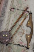 A WALKING STICK , YOLK A/F AND A BRASS WARMING PAN