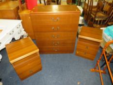 A MODERN FIVE DRAWER CHEST AND PAIR OF BEDSIDES