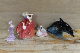 A ROYAL DOULTON FIGURE 'AUTUMN BREEZES' TOGETHER WITH TWO SMALL COALPORT FIGURINES AND A POOLE