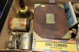 A TRAY OF METAL WARE AND CERAMICS TO INCLUDE A BRASS MOUNTED WORK BOX, SCHOOL BELL, CUT THROAT RAZOR