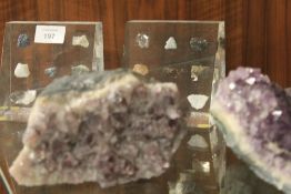 A QUANTITY OF AMETHYST STYLE GEOLOGICAL ROCK EXAMPLE AND TWO ROCK EXAMPLE DISPLAYS