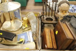 TWO TRAYS OF TREEN AND SUNDRIES TO INCLUDE A SET OF RUSSIAN DOLLS , WOODEN BOXES ETC