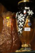 A BOHEMIAN GLASS DECORATIVE VASE ( CHIP TO RIM ) TOGETHER WITH A CARNIVAL GLASS VASE (2)