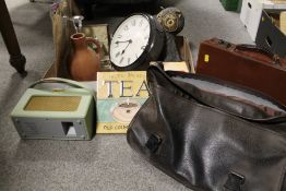 TWO TRAYS OF SUNDRIES TO INCLUDE BLUE/WHITE MEAT PLATE , A ROBERTS RADIO , LEATHER CASE ETC