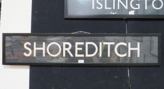 A FRAMED AND GLAZED BUS BLIND FOR SHOREDITCH WITH CERTIFICATE OF AUTHENTICITY FROM PEDLARS AT