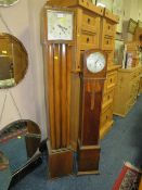 A WALNUT CASED GRANDMOTHER CLOCK WITH A SMALLER OAK CLOCK (2)