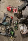 A SELECTION OF POWER TOOLS TO INCLUDE 2 HONEYWELL FAN HEATERS, PILLARS DRIVES A/F ETC