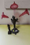 A FIGURE OF A LADY A/F WITH THREE CRANBERRY GLASS EPERGNE TRUMPETS TOGETHER WITH A SMALL BRONZE