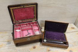 AN INLAID TWIN HANDLED WORK BOX WITH SECRET DRAWER A/F