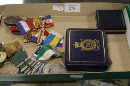 A TRAY OF MEDALS, BADGES ETC