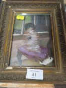 OIL ON BOARD IMPRESSIONIST INTERIOR SCENE WITH DOG SITTING BY A WINDOW