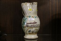A VINTAGE POTTERY JUG WITH PAINTED STUDY OF A STEAM ENGINE AND CARRIAGES