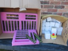 A BOX OF APPROXIMATELY 80 EMERGENCY STOP BUTTONS TOGETHER WITH A BOX OF SHARP EVERSWITCH KEYPAD