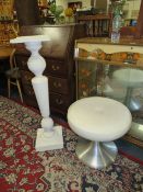 A WHITE PAINTED TORCHERE PLUS A RETRO STOOL WITH CHROMED BASE (2)