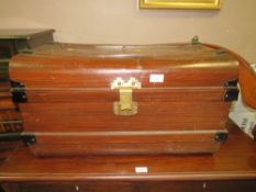 A VINTAGE TIN TRUNK TOGETHER WITH A SMALL TRIPOD TABLE AND A WOODEN GRAIN BIN A/F