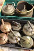 TWO TRAYS OF COPPER KETTLES / URNS ETC