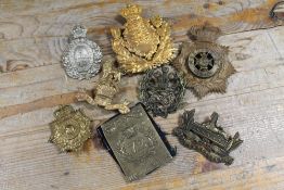A COLLECTION OF MILITARY HELMET PLATES AND LARGE BADGES
