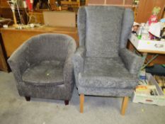A MODERN ARMCHAIR AND TUB CHAIR
