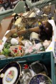 THREE TRAYS OF ASSORTED CERAMICS AND SUNDRIES TO INCLUDE SNOW GLOBES AND CLOCKS ETC