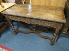 EARLY 20TH CENTURY CARVED OAK BARLEY TWIST TWO DRAWER CONSOLE TABLE W 114CM