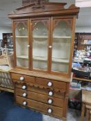 A LARGE VICTORIAN STRIPPED GLAZED KITCHEN DRESSER WITH OVERSIZED KNOBS! - H 225 cm, W 129 cm