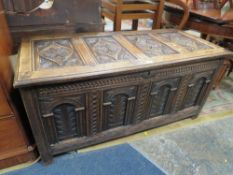 ANTIQUE OAK CARVED FOUR PANEL COFFERW 131CM
