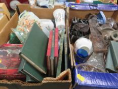 TWO TRAYS OF COLLECTABLES TO INCLUDE LINEN MAP BOOKS, AYNSLEY, WEDGWOOD ETC