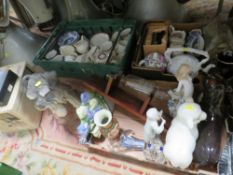 THREE TRAYS OF CERAMICS AND GLASS ETC TO INCLUDE TEA POTS