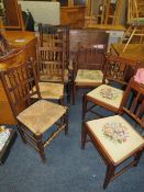 THREE LANCASHIRE OAK SPINDLE BACK DINING CHAIRS TOGETHER WITH THREE GEORGIAN MAHOGANY DINING