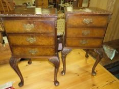 PAIR OF 20TH CENTURY BURR WALNUT THREE DRAWER CHESTS A/F