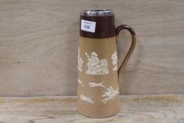 A DOULTON LAMBETH HARVEST TIME JUG WITH HALLMARKED SILVER RIM, H 23.5 CM