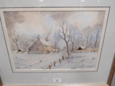 A FRAMED JAMES NORTH WATER COLOUR SNOWY COTTAGE LANDSCAPE