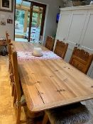 LARGE VINTAGE PINE/OAK? REFECTORY TABLE WITH SIX PINE CARVED CHAIRSL 244CM