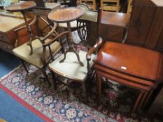 A REPRODUCTION NEST OF TABLES, TWO ANTIQUE ARMCHAIRS AND TWO WINE TABLES (5)