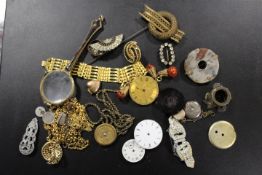 A BOX OF ANTIQUE AND VINTAGE JEWELLERY TO INC A LORGNETTE
