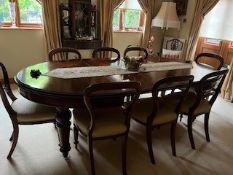 LARGE VICTORIAN MAHOGANY WIND OUT TABLE WITH TWO SPARE LEAVES AND EIGHT DINING CHAIRS L 150CM